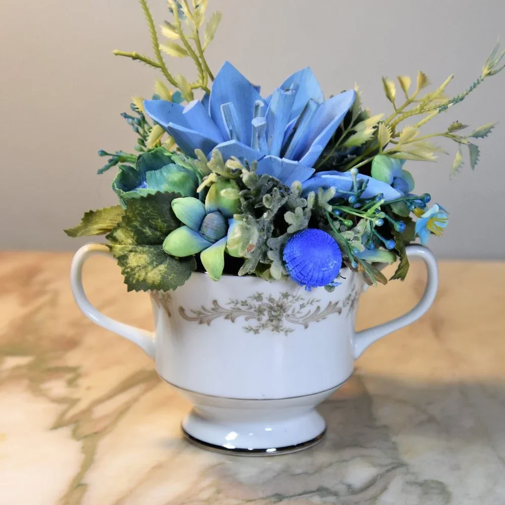 Vintage Sango sugar bowl filled with Sola flowers airbrushed in soothing blues